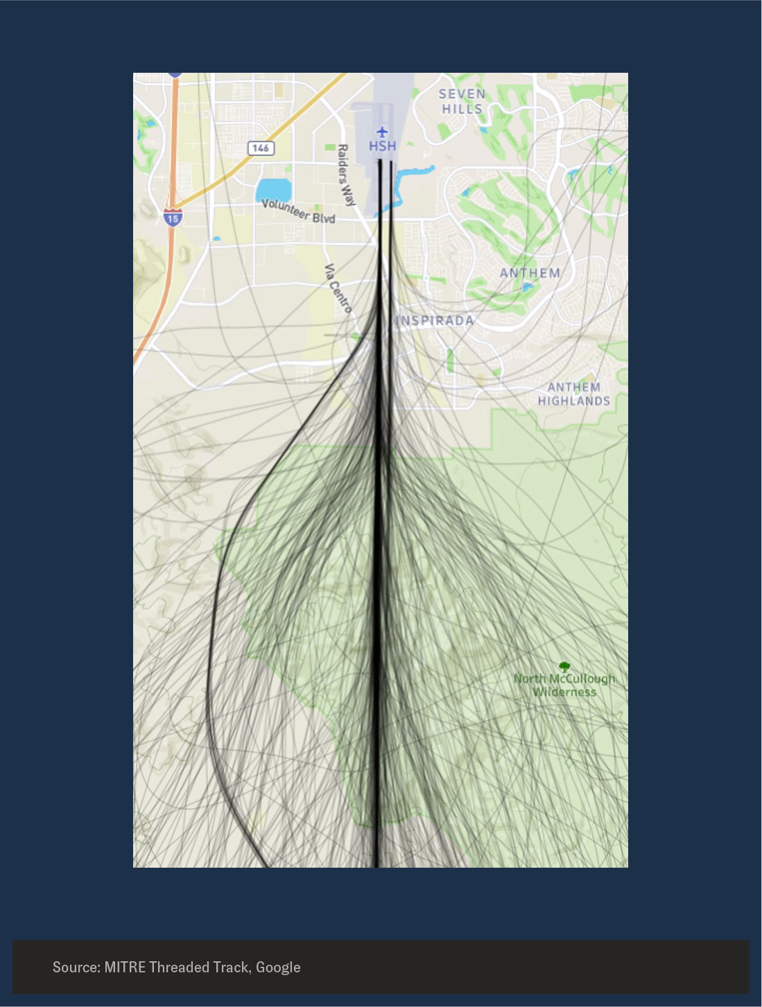 Map overlaid with black lines representing flight tracks of aircraft approaching Nevada’s Henderson Executive Airport for landing.